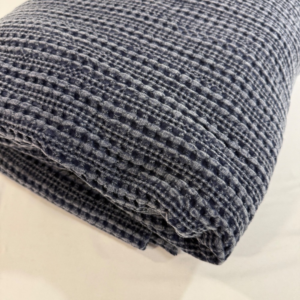 Pottery Barn King Honeycomb Cotton Duvet Cover Navy Blue Waffle Weave Textured